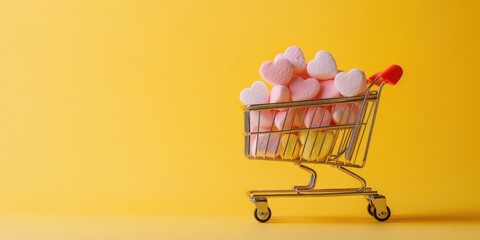 A supermarket toy cart loaded with heart-shaped marshmallows. Yellow backdrop. The theme of love and Valentine's Day. Copyspace.