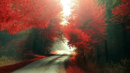 Wall Mural - A red tree with red leaves is in the foreground of a forest. The red leaves contrast with the green leaves of the trees in the background. The image has a warm and inviting mood, with the red leaves