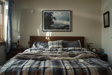 Sticker - Bedroom interior with picture frame furniture painting indoors.