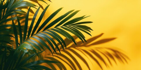 Poster - Shadows of tropical leaves with copyspace on a yellow background. A minimal summer idea featuring a palm tree leaf.