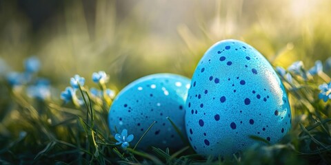 Aufkleber - Easter egg! Wishing you a Happy Easter Sunday with blue organic Easter eggs as holiday decorations, perfect for backgrounds with copy space.