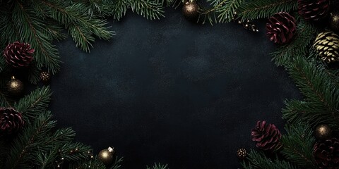 Aufkleber - Christmas frame created from fir tree branches and decorations on a black background with room for text. Wishing you a Merry Christmas and a Happy New Year. Xmas theme. Top view. Copyspace.