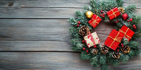 Aufkleber - Rustic Christmas wreath with presents on a wooden surface. Copyspace for your text.