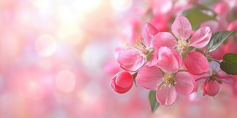 Poster - Spring blossom. Springtime apple flowers, pink floral background, soft and pastel card, selective focus, copy space for text.