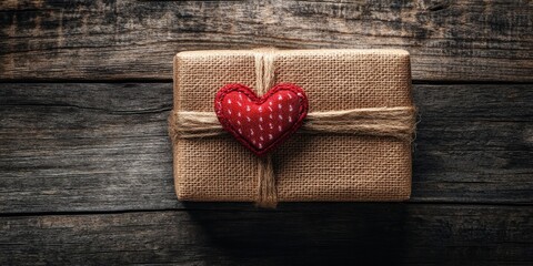Aufkleber - Top view of a gift-wrapped box. The stylish gift box is showcased on a weathered wooden surface. A symbol of Valentine's Day.