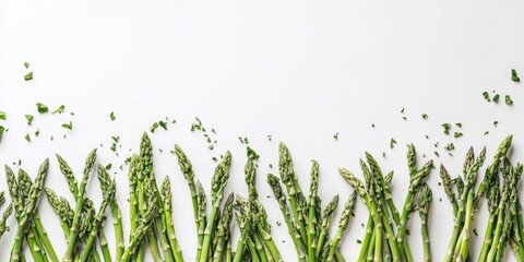 Poster - Fresh asparagus bunch isolated on a white background. Top view. Copy space.