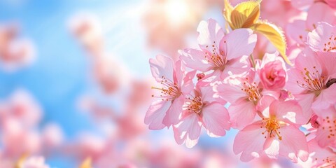 Fototapete - Pink cherry blossoms blooming in the bright spring sun beneath a vivid blue sky.