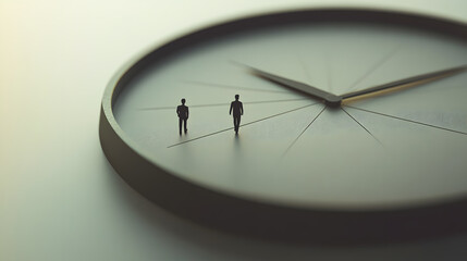 Two miniature figures walking on the surface of a clock, symbolizing the passage of time and life's fleeting moments