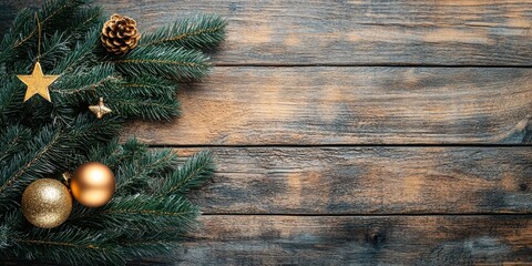Poster - Christmas Greeting Card. Fir Branch and Decorations on a Plank. Christmas Fir Tree on a Wooden Background with Text. Copyspace.