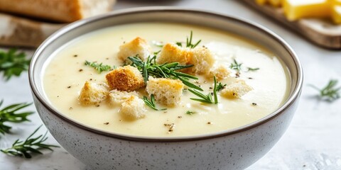 Aufkleber - Thick vegan cream soup. Homemade golden yellow cream soup featuring herbs and croutons. Cheese, chicken, bean, and corn cream soup served in a bowl on a white kitchen table with copy space.