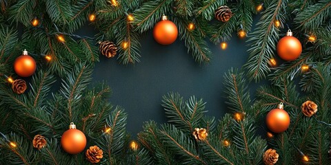 Aufkleber - A solitary image of pine Christmas tree branches adorned with orange ornaments and lights.