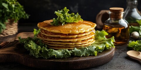 Aufkleber - Breakfast choice. American pancakes served with lettuce leaves. Rustic style. Dark backdrop. Copy space. Selective focus. The idea of a healthy diet or nutritional eating.