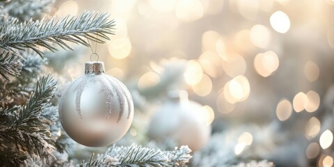 Wall Mural - White Christmas ornaments on fir branches with a blurred background.