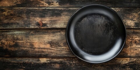 Aufkleber - Table arrangement featuring a vintage empty black plate on rustic wood. Dark backdrop. Top view. Copy space.