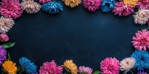 Canvas Print - Colorful aster flowers creating a frame against a dark backdrop, minimal concept, top view, copyspace for your text. Group objects.