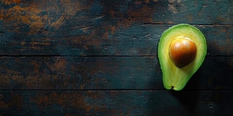 Poster - Avocado on a dark wood surface. Close-up of half an avocado. Top view. Copy space.