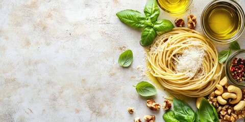 Poster - Pesto pasta featuring spaghetti, fresh basil, nuts, Parmesan cheese, and olive oil. An Italian cuisine recipe set against a light stone background. Selective focus and copyspace.