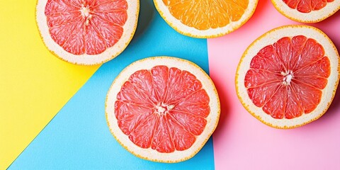 Poster - Fresh grapefruit slices on a colorful background. Top view. Copy space. A creative summer idea. Halved citrus in a minimal flat lay with copy space.