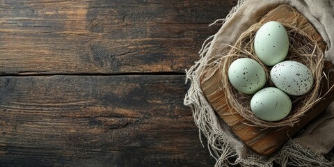 Aufkleber - Tulis and eggs on a rustic wooden board as an Easter card idea with copyspace.