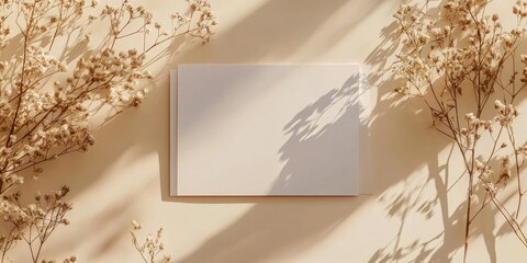 Aufkleber - Blank paper sheet cards with copyspace and dried flower buds casting sunlight shadows on a beige background. Minimal business brand template. Flat lay, top view.