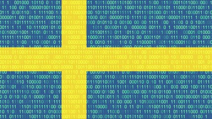Binary code on flag of Sweden. Program source code or Hacker concept on Swedish flag. Sweden digital technology security, hacking or programming