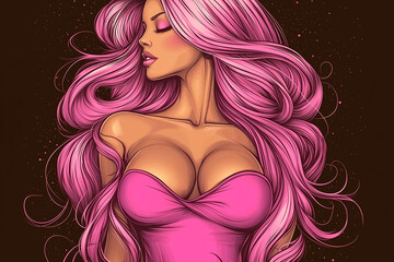 Wall Mural - A woman with long pink hair and a pink shirt. She is wearing a bra and has a big bust