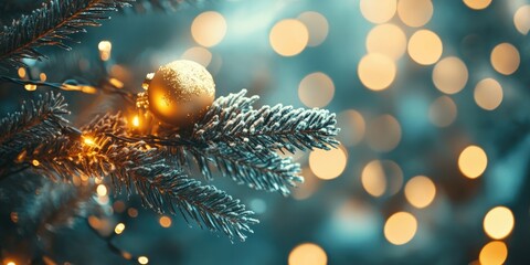 Aufkleber - Decorative lights and a fir tree branch - Christmas decoration. New Year and Christmas theme. Selective focus. Shallow depth of field. Toned.
