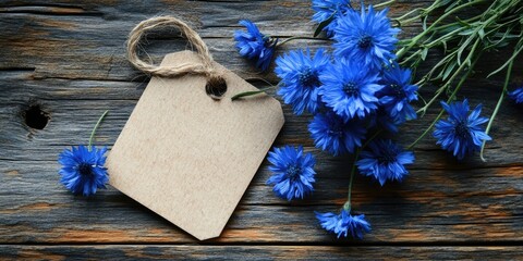 paper tag with blue fresh cornflowers on a wooden surface