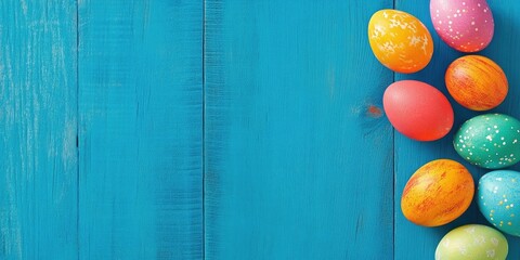 Aufkleber - Brightly colored Easter eggs on a blue wooden background. Top space available for text.