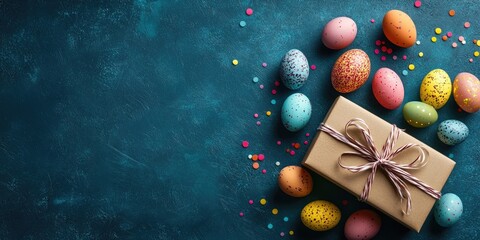 Aufkleber - Easter treats: Vibrantly colored eggs in a joyful arrangement alongside a gift box. Flat lay with card copyspace.