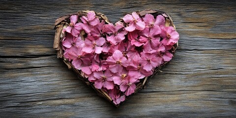 Poster - Valentine's Day, symbol of love, features a heart-shaped design created from pink flowers and dried bark from nature on a wooden backdrop.