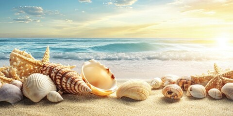 Poster - Summer photo of a beach featuring shells and a seascape. Available space for your decoration.