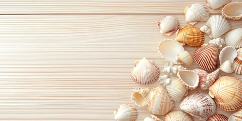 Leinwandbilder - Seashells on a beige-brown wooden surface. Copy space. Area for text. Striped background.