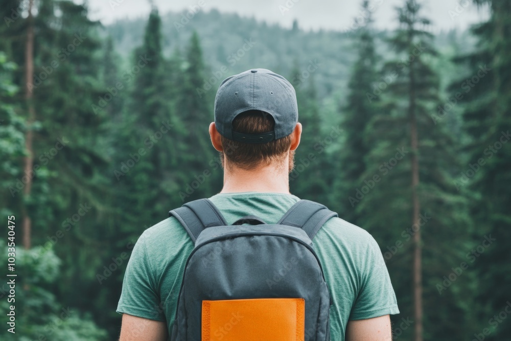 A man stands with his back turned, wearing a cap and a backpack ...