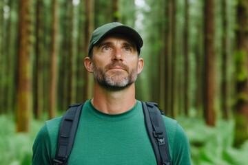 Wall Mural - A man stands with his back turned, wearing a cap and a backpack, looking out into a dense, serene forest, surrounded by towering trees, ready for an adventurous hike.