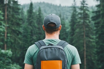 Wall Mural - A man stands with his back turned, wearing a cap and a backpack, looking out into a dense, serene forest, surrounded by towering trees, ready for an adventurous hike.