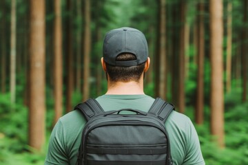 Wall Mural - A man stands with his back turned, wearing a cap and a backpack, looking out into a dense, serene forest, surrounded by towering trees, ready for an adventurous hike.