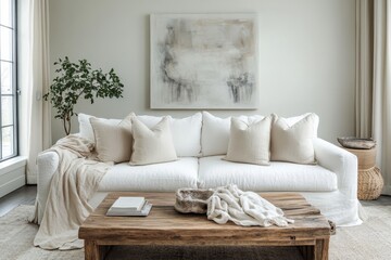 .A serene, minimalist living room with a plush, white sofa adorned with neutral cushions and a cozy blanket. A wooden coffee table, abstract wall art, Generative AI