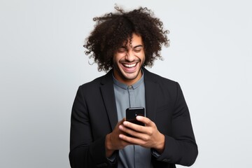 Poster - Men holding a phone smile and laugh happy laughing adult white background.