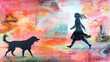 © LOGYARTISME - An abstract painting of a woman running with her dog in a field of colorful flowers.