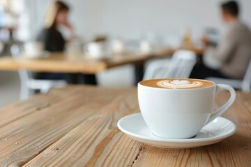 A cozy cafe scene with a latte art coffee in focus on a wooden table, creating a warm and inviting atmosphere for a relaxing break.