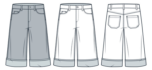 Wall Mural - Bermuda Shorts technical fashion illustration. Denim Short Pants fashion flat technical drawing template, knee length, pockets, front and back view, white, grey, women, men, unisex CAD mockup set.