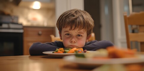 Wall Mural - Child reluctant to eat vegetables on a wooden table in a cozy kitchen