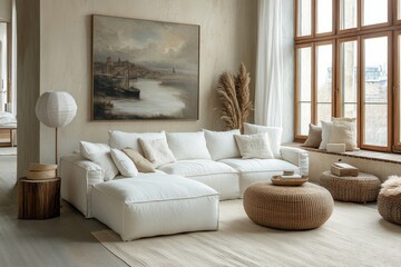 Cosy and stylish interior design of living room with modular white sofa, wooden furnitures, paintings on the wall, decorations, windowsill and personal accessories. Home styling, Generative AI