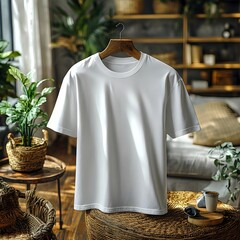 A stylish, classic white t-shirt in the cozy living room. Ideal for brands looking for a fresh, modern design. Space for logos and custom graphics.