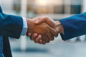 Close-up of two business professionals shaking hands, symbolizing partnership, agreement, and successful negotiation in a corporate setting.