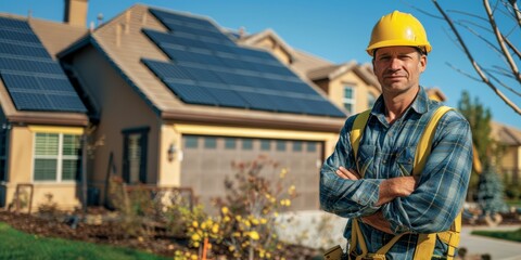 Male construction worker standing in front of house with solar panels. Residential green energy concept.