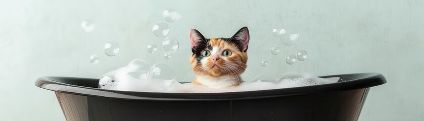 Cute multicolored cat sitting contently in a black bathtub, surrounded by playful bubbles and a joyful atmosphere, cat in bubble bath, fun and cheerful scene