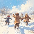 © MetaKibo - Children joyfully playing in the snow, capturing a moment of winter fun.