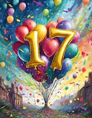 Balloon number 17, illustration for birthday or anniversary celebration, digital painting